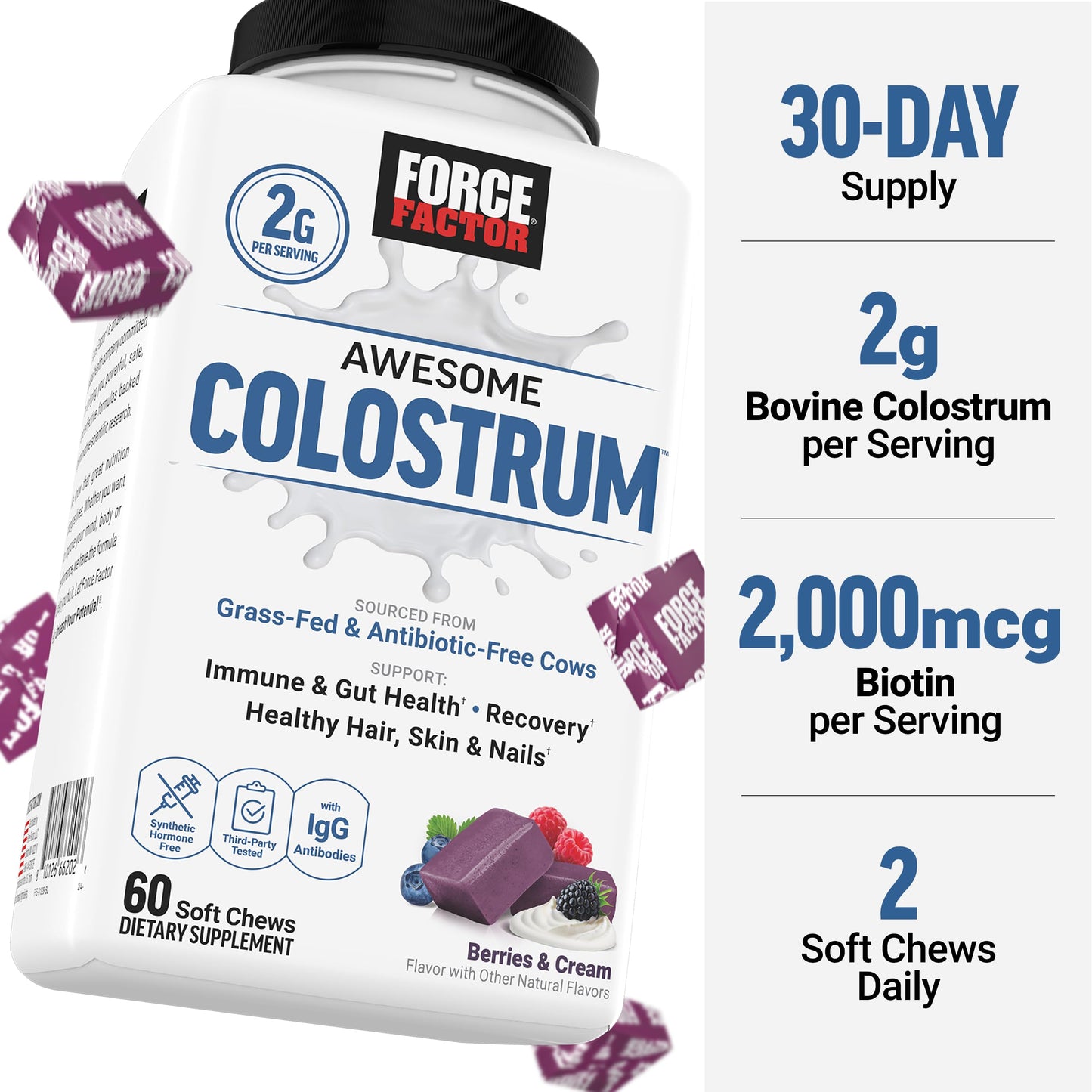 Force Factor Awesome Colostrum Supplement, Berries & Cream, 60 Soft Chews