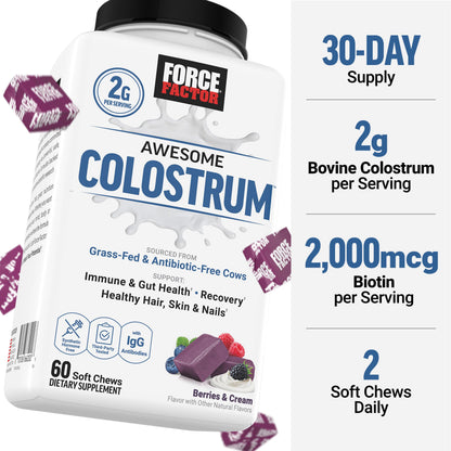 Force Factor Awesome Colostrum Supplement, Berries & Cream, 60 Soft Chews