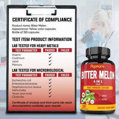 Organic Bitter Melon Extract Capsules - Combined Neem, Fenugreek, Curcumin, Garlic & Papaya - 150 Count for 5 Months - Supports Body, Digestive