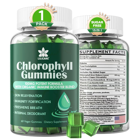 Chlorophyll Gummies - Super Green with Wheat Grass, Sea Moss, Unfiltered ACV & Elderberry, Echinacea, Zinc Complex & Vitamin D3, C, E, B12 for Natural Deodorant,