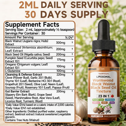 Trawecual Black Walnut Wormwood Black Seed Oil Cleanse Tincture, 23-in-1 Gentle Gut Detox & Digestive Health Support with Clove, Pumpkin Seed