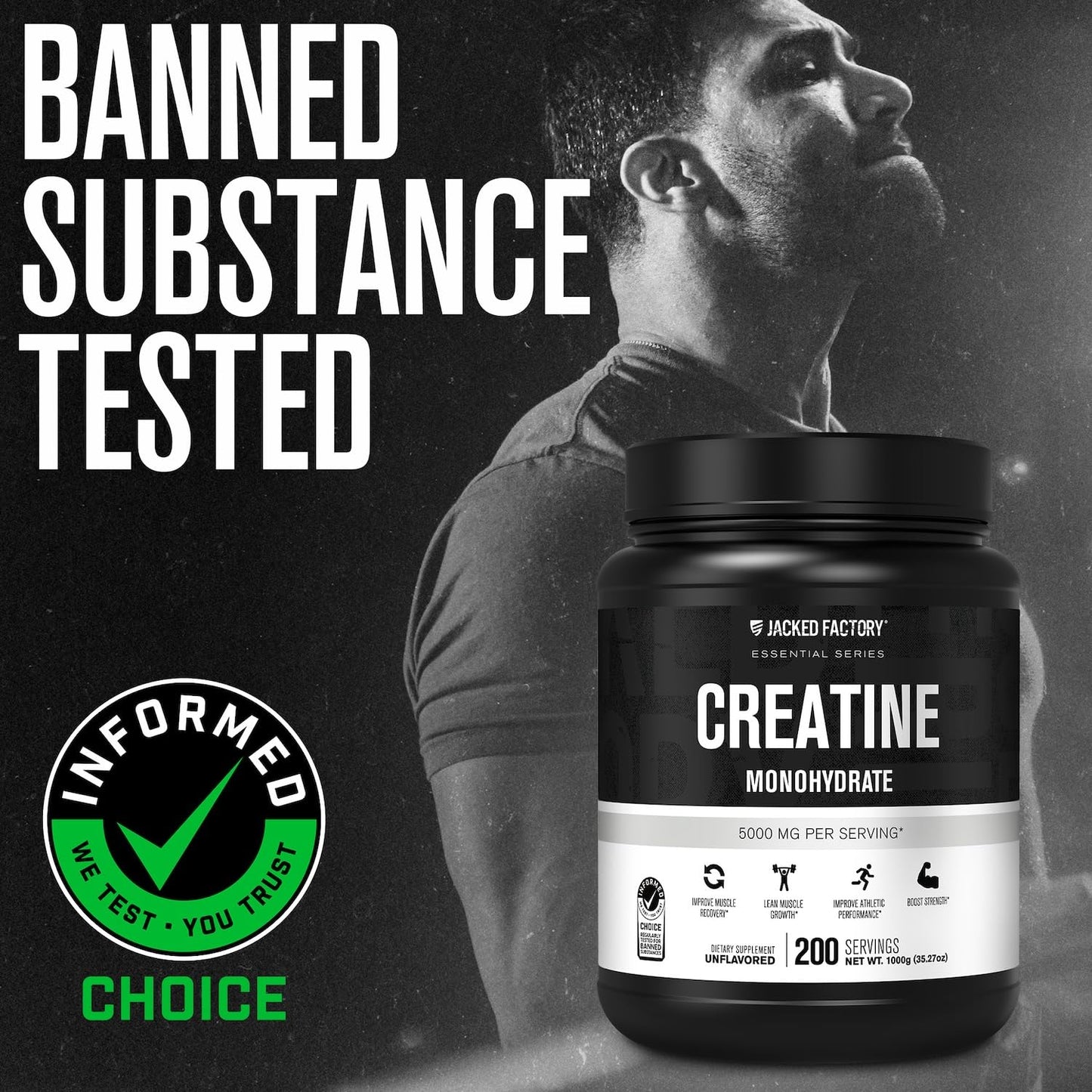 Jacked Factory Creatine Monohydrate Powder 1000g - 5g Daily Creatine Supplement for Men and Women, Vegan-Friendly,