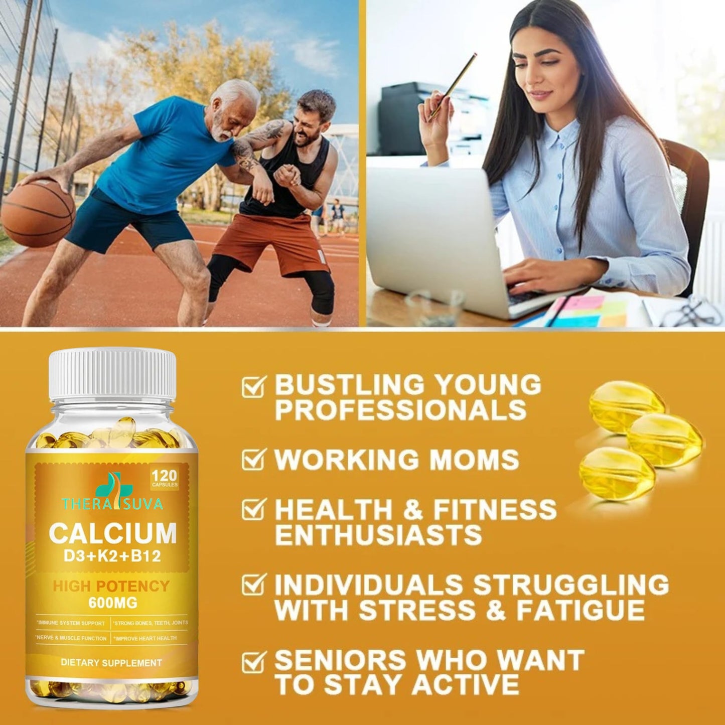 Extra Strength 4-in-1 Calcium 600mg + Vitamin D3 5000iu + K2 + B12 Natural Supplement Complex for Bone and Immune Health, 2 Month Supply, 120 Softgels