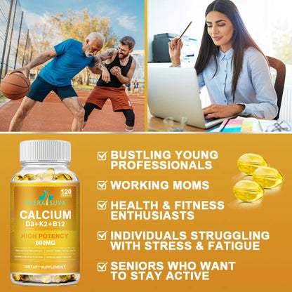Extra Strength 4-in-1 Calcium 600mg + Vitamin D3 5000iu + K2 + B12 Natural Supplement Complex for Bone and Immune Health, 2 Month Supply, 120 Softgels