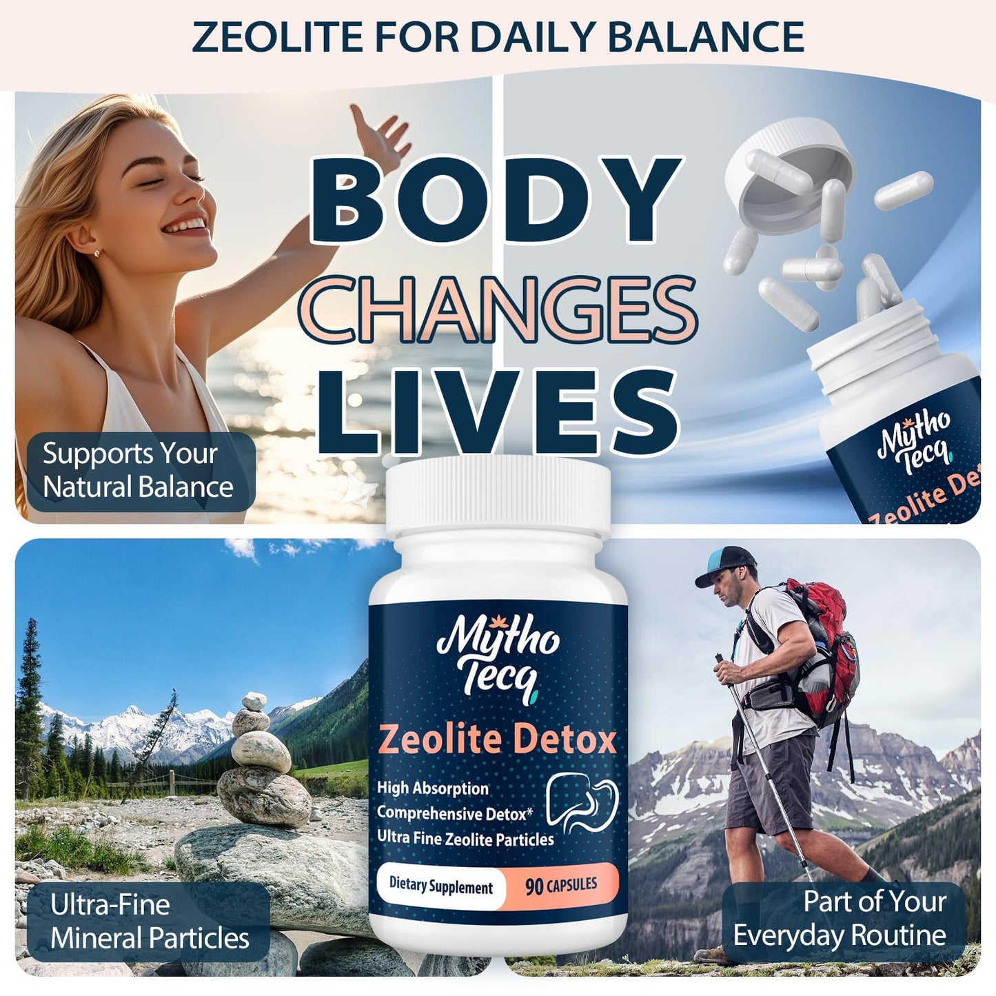 MythoTecq 2300 MG Zeolite Detox Capsules - Activated Charcoal & Bentonite Clay, Highly Absorbable Full Body, Liver & Gut Cleanse
