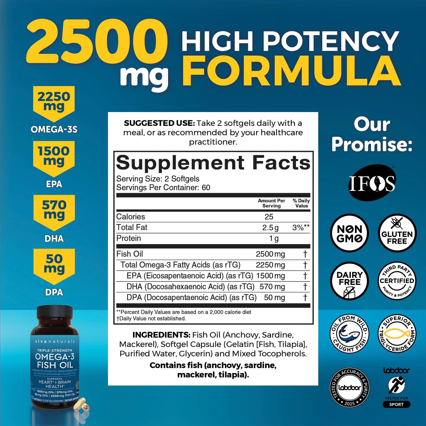 Viva Naturals Omega 3 Fish Oil Supplement for Women and Men - 2500 mg Triple Strength Fish Oil per Serving with Omega 3 Fatty Acids Including EPA, DHA DPA