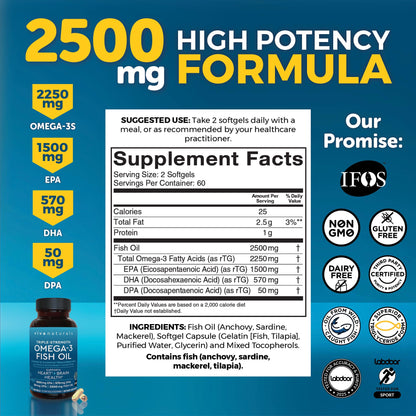 Viva Naturals Omega 3 Fish Oil Supplement for Women and Men - 2500 mg Triple Strength Fish Oil per Serving with Omega 3 Fatty Acids Including EPA, DHA DPA