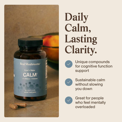 Real Mushrooms Calm Lions Mane Capsules (90 Count) – 400mg Organic Lions Mane Fruiting Body Extracts, 200mg Organic Reishi, 200mg AlphaWave L-Theanine for Calm Clarity & Relaxed Alertness, 90ct