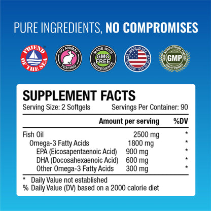 Omega-3 MD - EPA & DHA Supplement - 2500mg Omega 3 Fish Oil for Heart Health, Brain Support, Joint Comfort, & Overall Wellness - 2 Bottles - 6 Month Supply