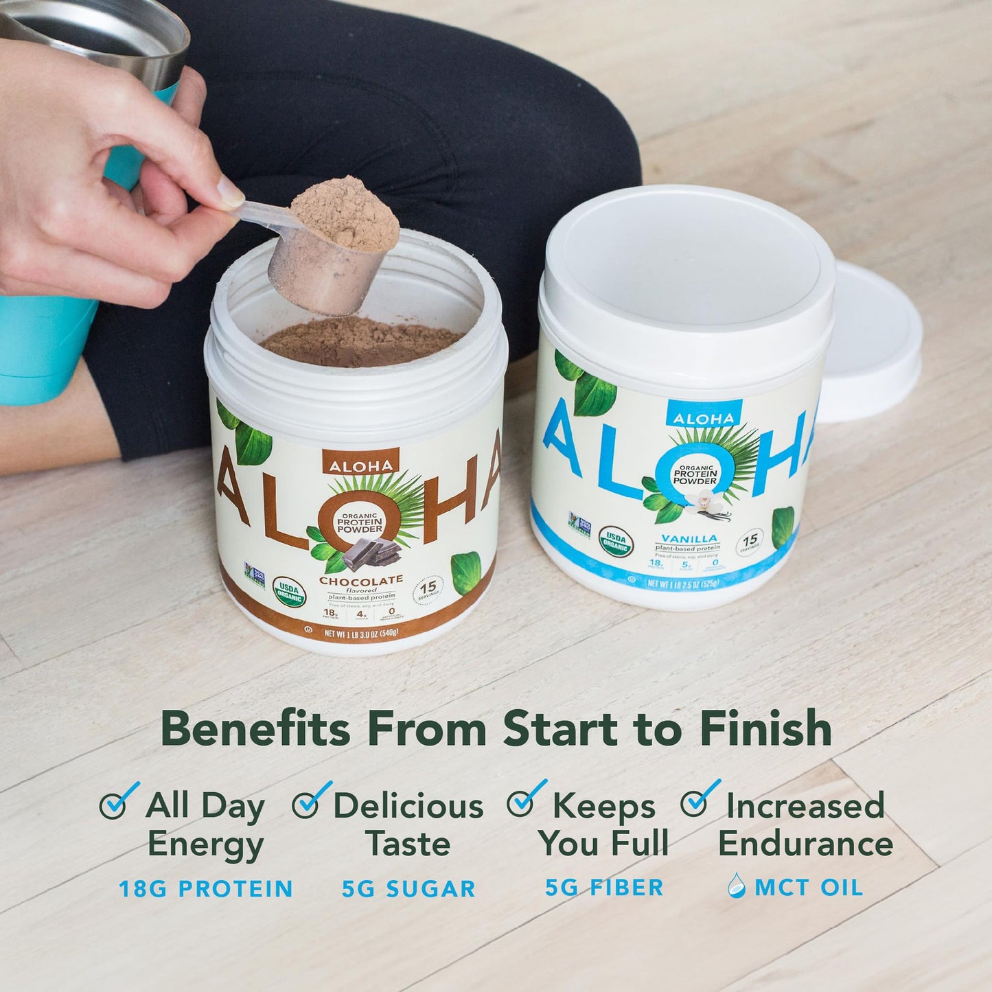 ALOHA Organic Plant Based Protein Powder, Stevia Free, Vanilla, 19.6 oz, 15 Servings PACKAGING MAY VARY