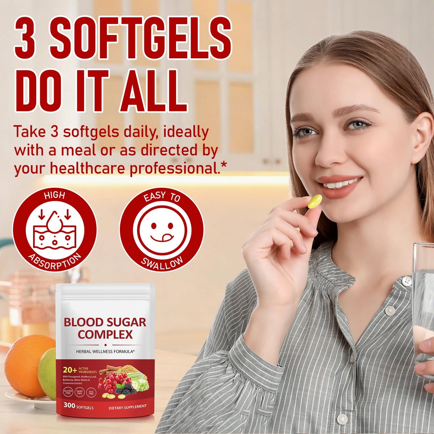 300 Softgels Blood Sugar Complex Supplement | 20+ Active Herbs-Berberine, Cinnamon, Bitter Melon, Mulberry Leaf, Fenugreek, Vitamins for Energy Level