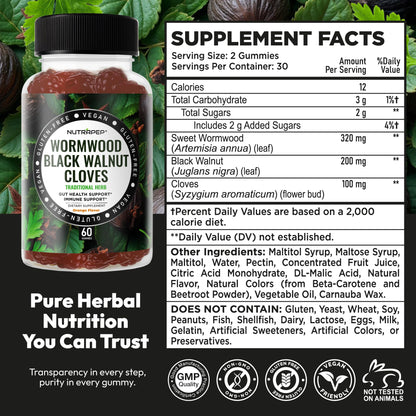 NutraPep Wormwood Black Walnut & Cloves Gummies - Gut Health Immune Support & Natural Detox Cleanse Traditional Herbal Supplement - Vegan Gluten-Free