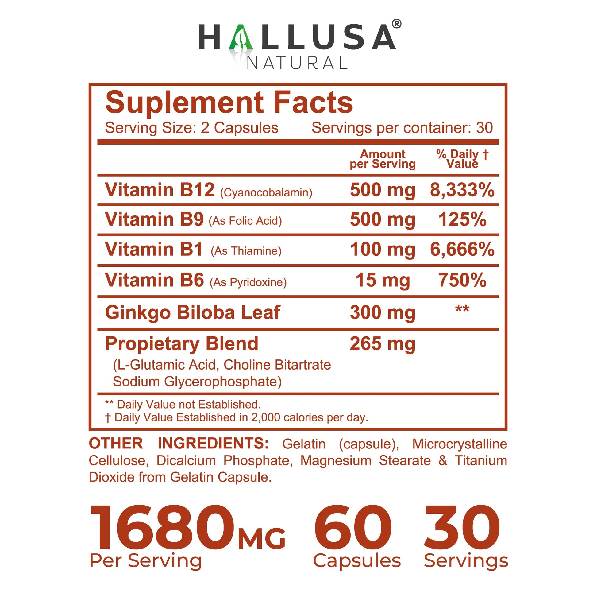Hallusa Natural Brain Health Supplement Capsules 1680mg, Ginkgo Biloba, B Vitamins & Choline, Memory & Focus Support, Brain Booster for Men & Women, 60 Count Hallusa Natural buy supplements Au