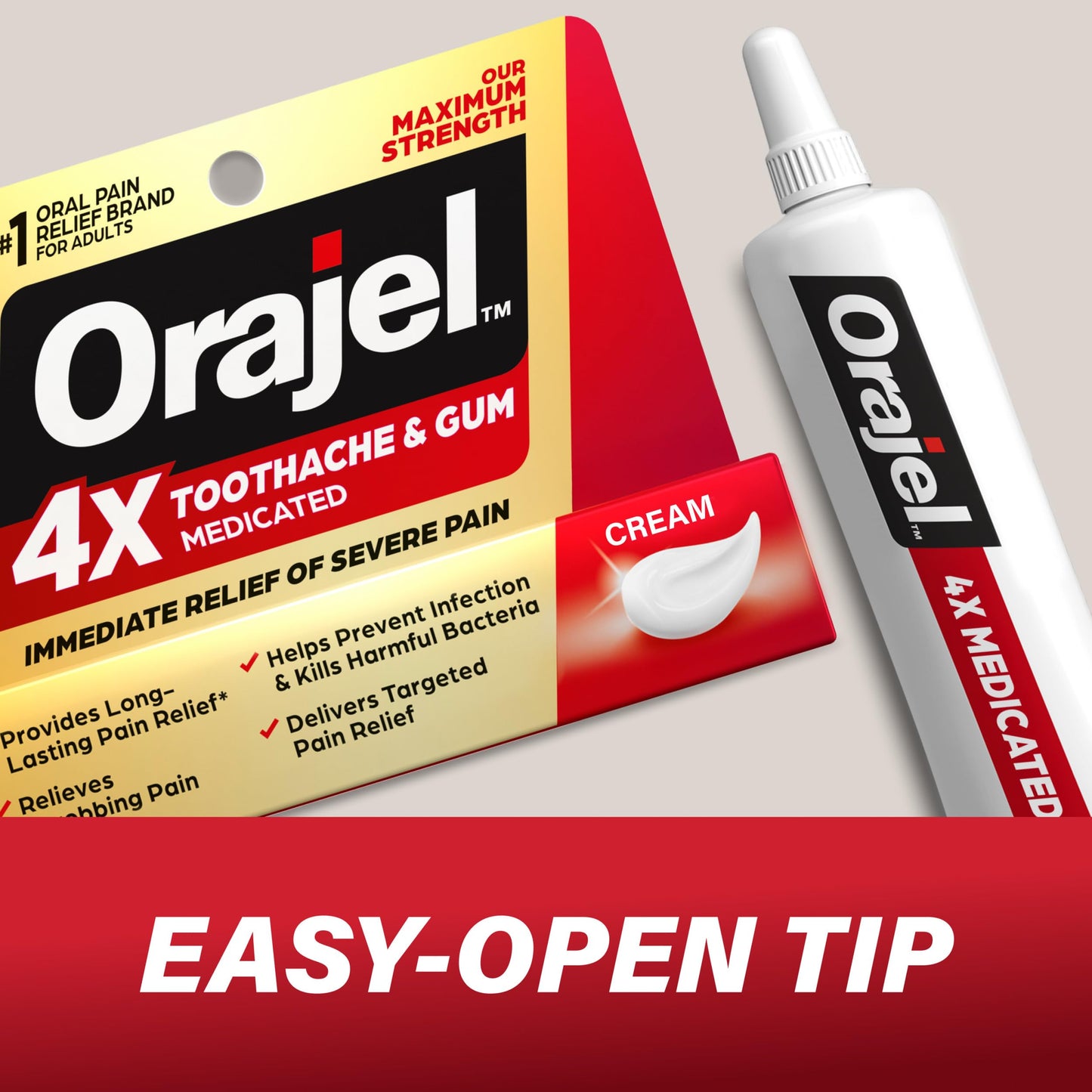 Orajel 4X for Toothache & Gum Pain: Severe Cream Tube 0.33oz- From Oral Pain Relief Brand