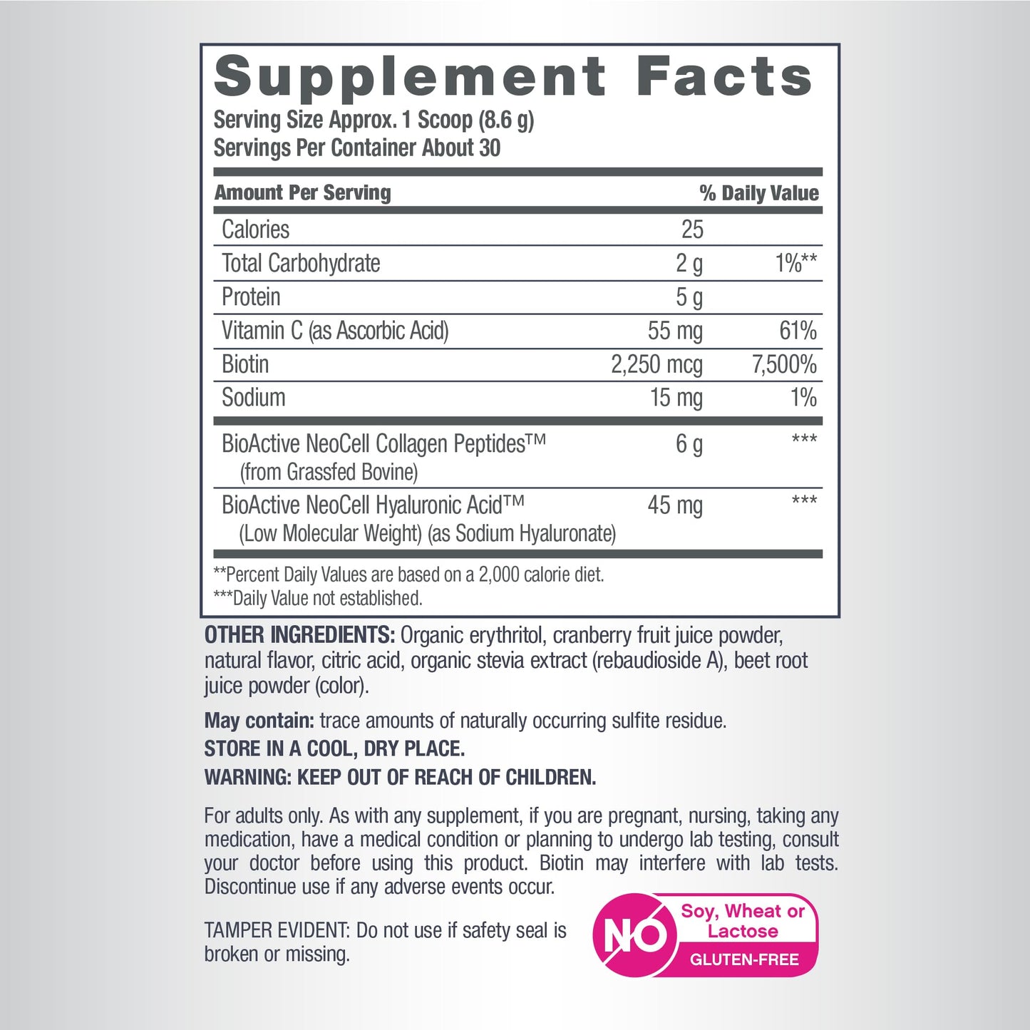 NeoCell Collagen Peptides Powder | 9.1 oz | Grass Fed Bovine | with Biotin and Hyaluronic Acid | Cranberry Cocktail Flavored