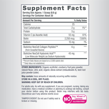 NeoCell Collagen Peptides Powder | 9.1 oz | Grass Fed Bovine | with Biotin and Hyaluronic Acid | Cranberry Cocktail Flavored