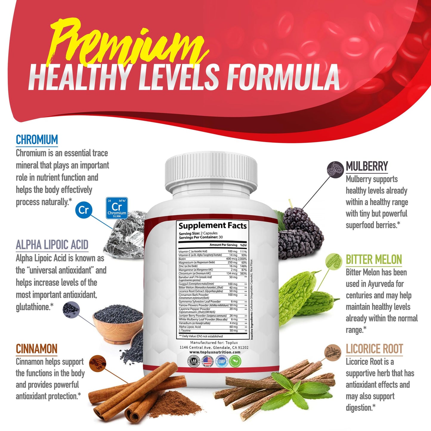 Blood Sugar Complex Supplement - Supports Healthy Blood Sugar Levels Already Within Normal Range All Natural with Cinnamon, Bitter Melon, Chromium, Mulberry, Al