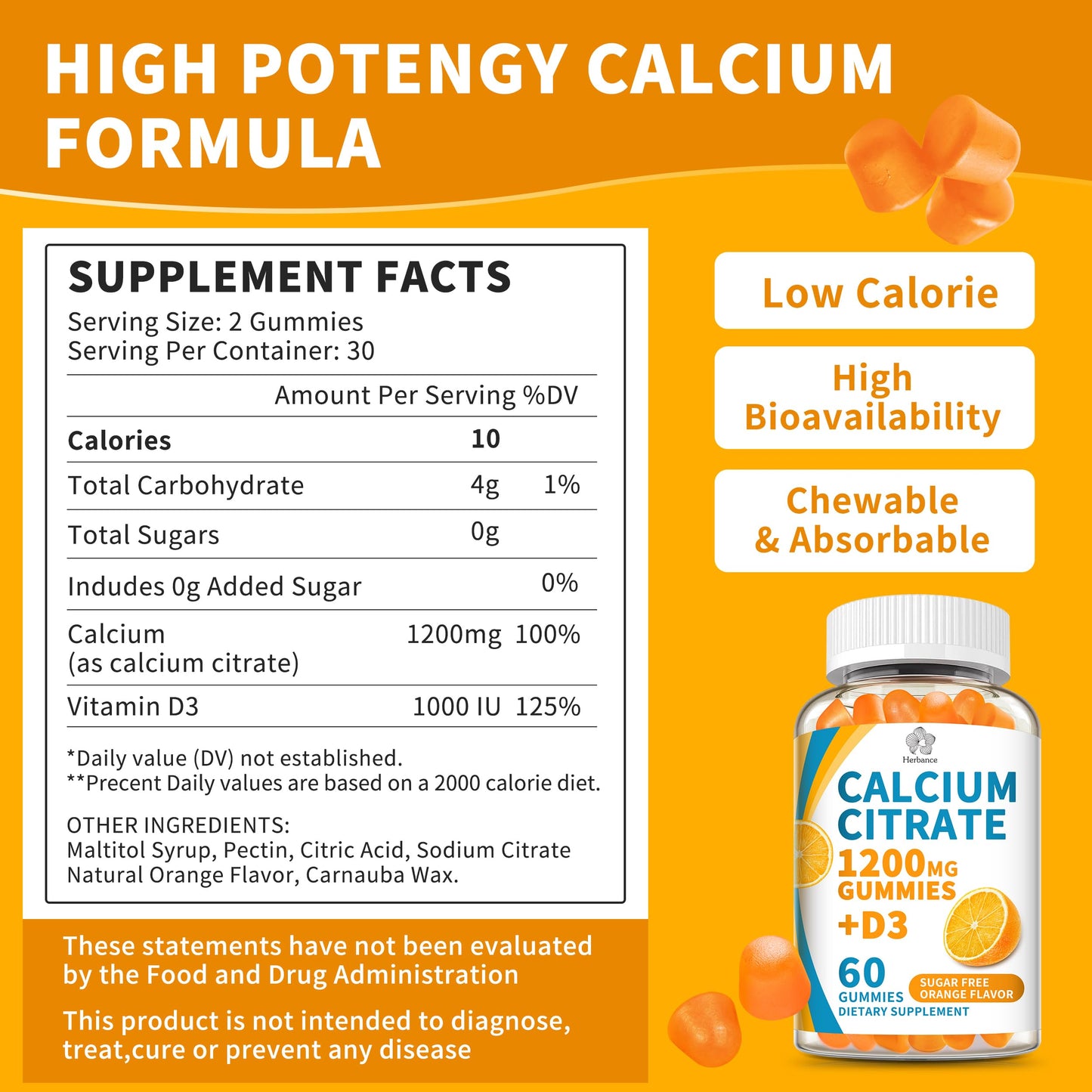 (3 Pack) Calcium Citrate 1200 mg Gummies with Vitamin D3, High Absorption Calcium Supplements for Women & Men, Sugar Free, Non-GMO, Gluten Free,