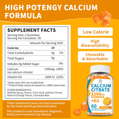 (3 Pack) Calcium Citrate 1200 mg Gummies with Vitamin D3, High Absorption Calcium Supplements for Women & Men, Sugar Free, Non-GMO, Gluten Free,