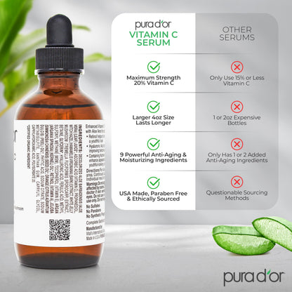 PURA D'OR 20% Vitamin C Facial Serum 4 Oz Antioxidant Blend w/Retinol, Hyaluronic Acid, Vitamin E, Ferulic Acid - Hydrating Lightweight Skincare Formula