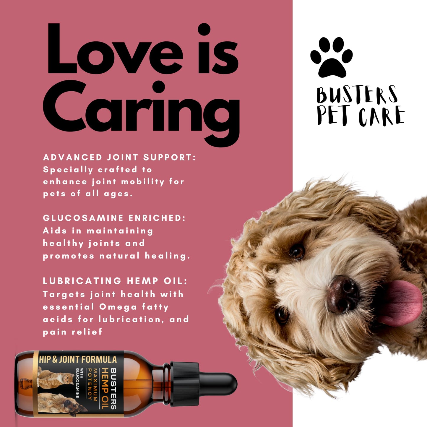 Busters Hip and Joint Hemp Oil Formula enriched with Glucosamine, Pain Relief for Dogs and Pets, Arthritis, and Advanced Mobility Support K2xLabsBuy Supplements Australia