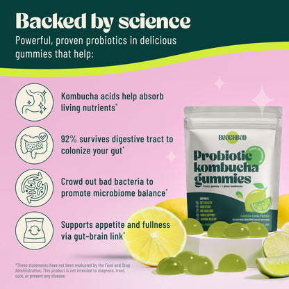 BoochBod - Probiotic Kombucha Gummy - Prebiotics, Probiotics, Postbiotics, Fiber Supplement, Slippery Elm, Dandelion Root, for Bloating, Gut Health