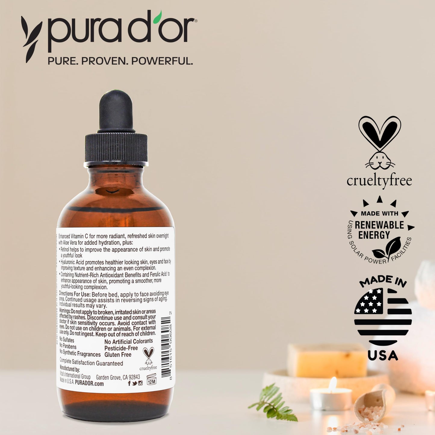 PURA D'OR 20% Vitamin C Facial Serum 4 Oz Antioxidant Blend w/Retinol, Hyaluronic Acid, Vitamin E, Ferulic Acid - Hydrating Lightweight Skincare Formula