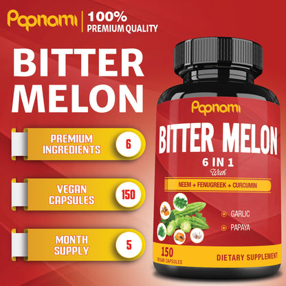 Organic Bitter Melon Extract Capsules - Combined Neem, Fenugreek, Curcumin, Garlic & Papaya - 150 Count for 5 Months - Supports Body, Digestive
