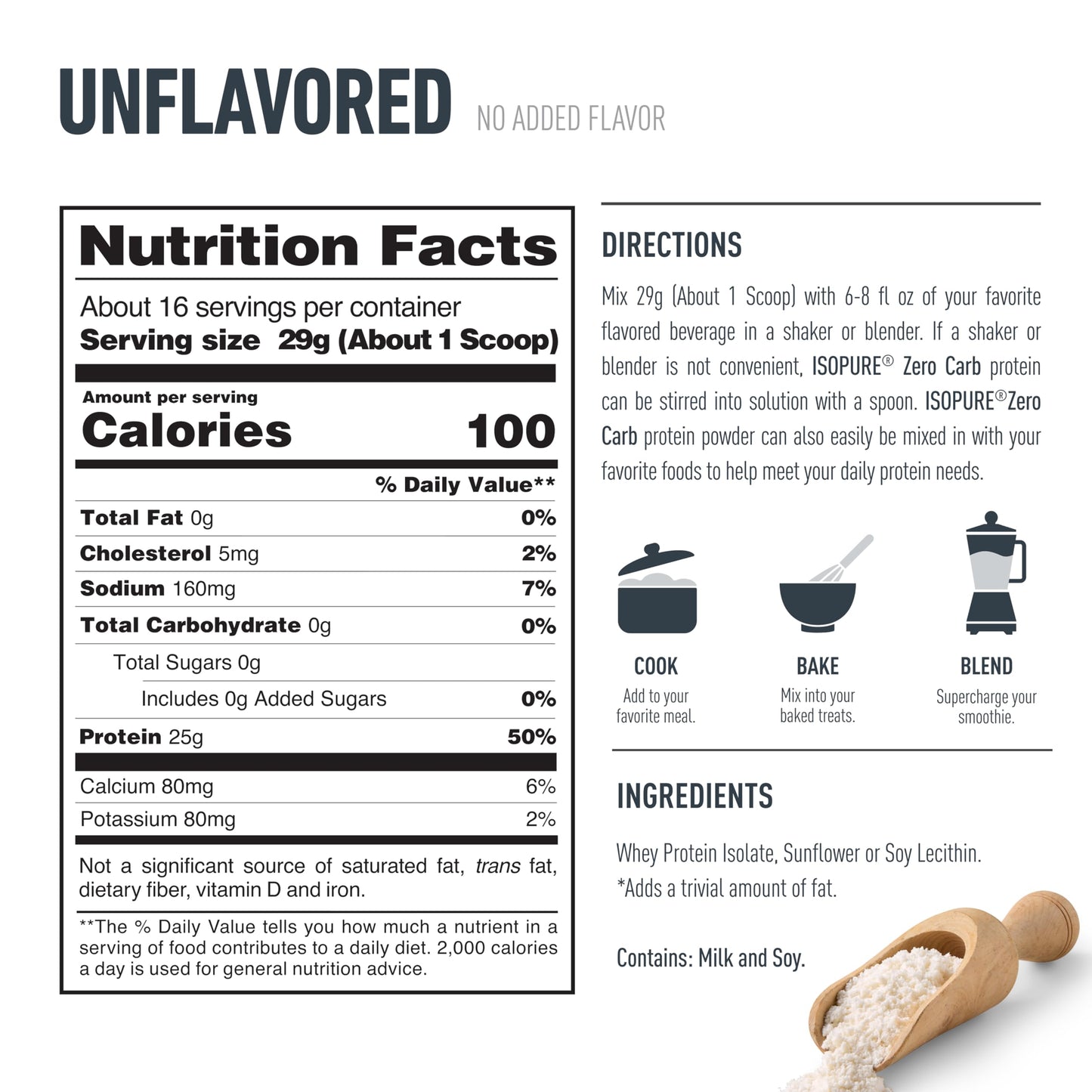 Isopure Zero Carb 100% Pure Whey Isolate Protein Powder, Gluten Free, with Vitamins, Unflavored, 25g Protein Per Serving,