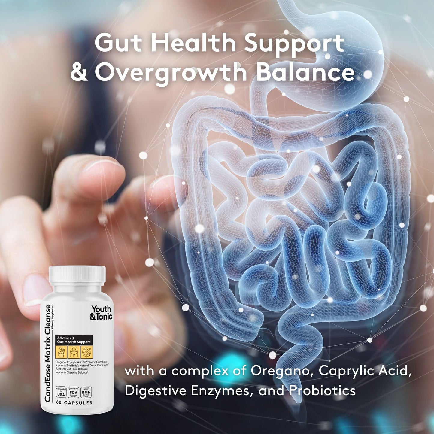 Youth & Tonic CandEase Cleanse Matrix – Overgrowth Support & Gut Health, Intestinal Flora Balance & Body Detox Complex with Oregano, Caprylic Acid