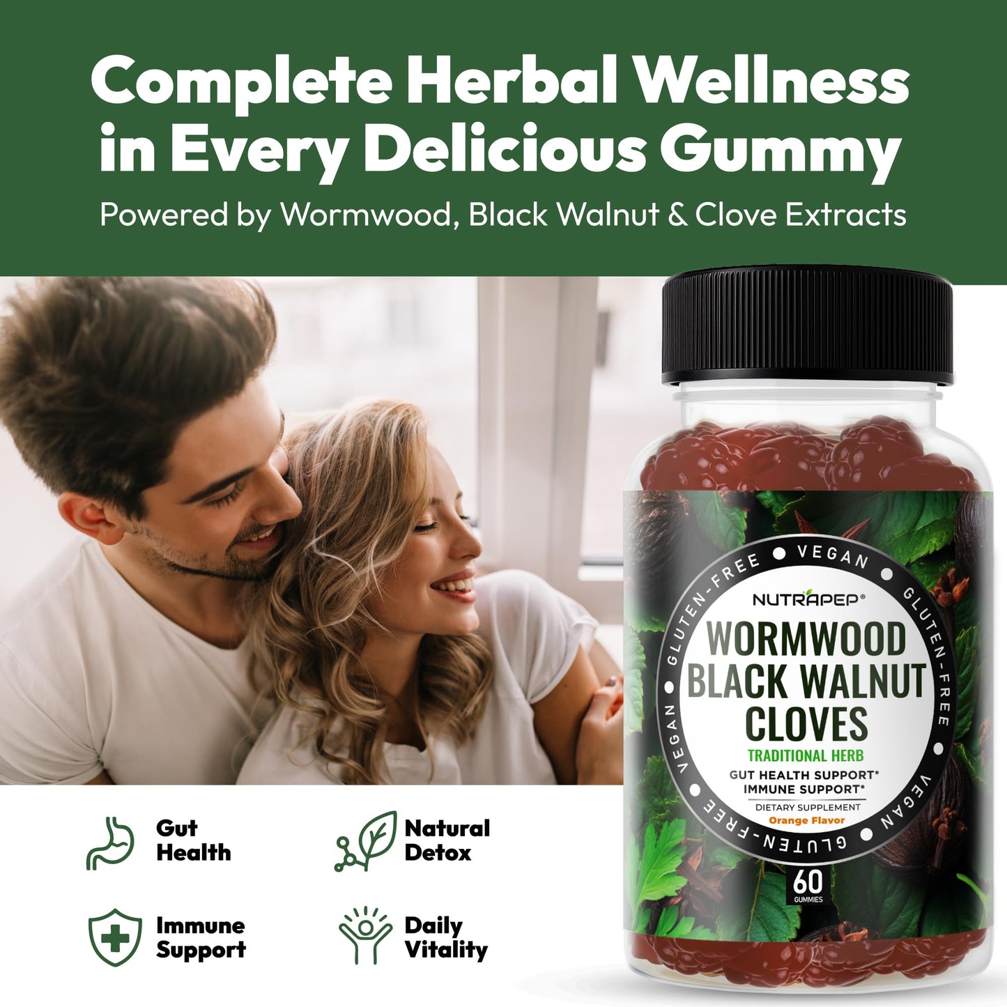 NutraPep Wormwood Black Walnut & Cloves Gummies - Gut Health Immune Support & Natural Detox Cleanse Traditional Herbal Supplement - Vegan Gluten-Free