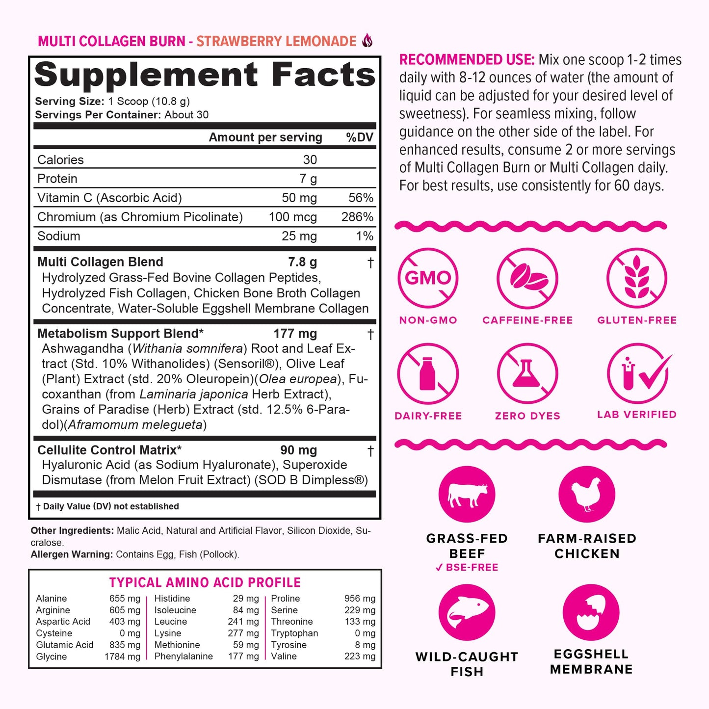 Multi Collagen Burn: Hydrolyzed Protein Peptides with Hyaluronic Acid, Vitamin C, SOD B Dimpless, Types I, II, III, V and X, Caffeine-Free Strawberry