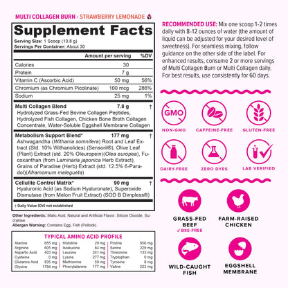 Multi Collagen Burn: Hydrolyzed Protein Peptides with Hyaluronic Acid, Vitamin C, SOD B Dimpless, Types I, II, III, V and X, Caffeine-Free Strawberry