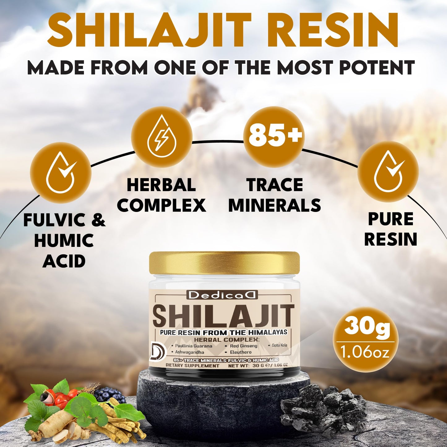 DEDICAD 30g Shilajit Resin with Herbal Complex - Paullinia Guarana, Gotu Kola Leaf & More - Shilajit Pure Himalayan Organic for Immune System, Energy Production, Brain Health & Stamina DEDICAD buy supplements Au