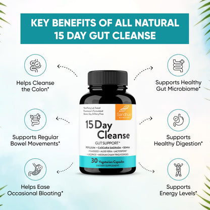 Sandhu's 15 Day Gut Cleanse Colon Detox for Women & Men| Supports Colon Cleansing & Digestive Health| Senna, Cascara Sagrada, Psyllium Husk & Probiotics