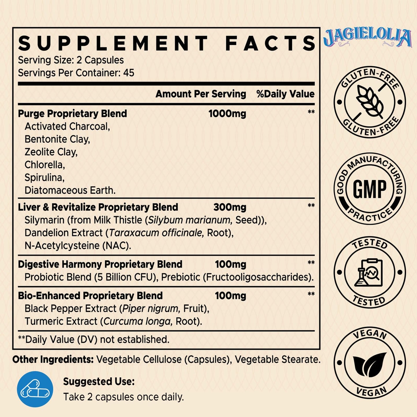 Jagielolia All-in-One Detox Binder Supplement 1500 MG - High Bioavailability, Liver Gut Detox Cleanse with Activated Charcoal, Zeolite & Bentonite Clay for Toxins,