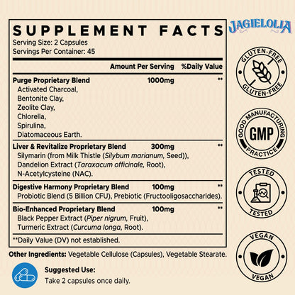 Jagielolia All-in-One Detox Binder Supplement 1500 MG - High Bioavailability, Liver Gut Detox Cleanse with Activated Charcoal, Zeolite & Bentonite Clay for Toxins,
