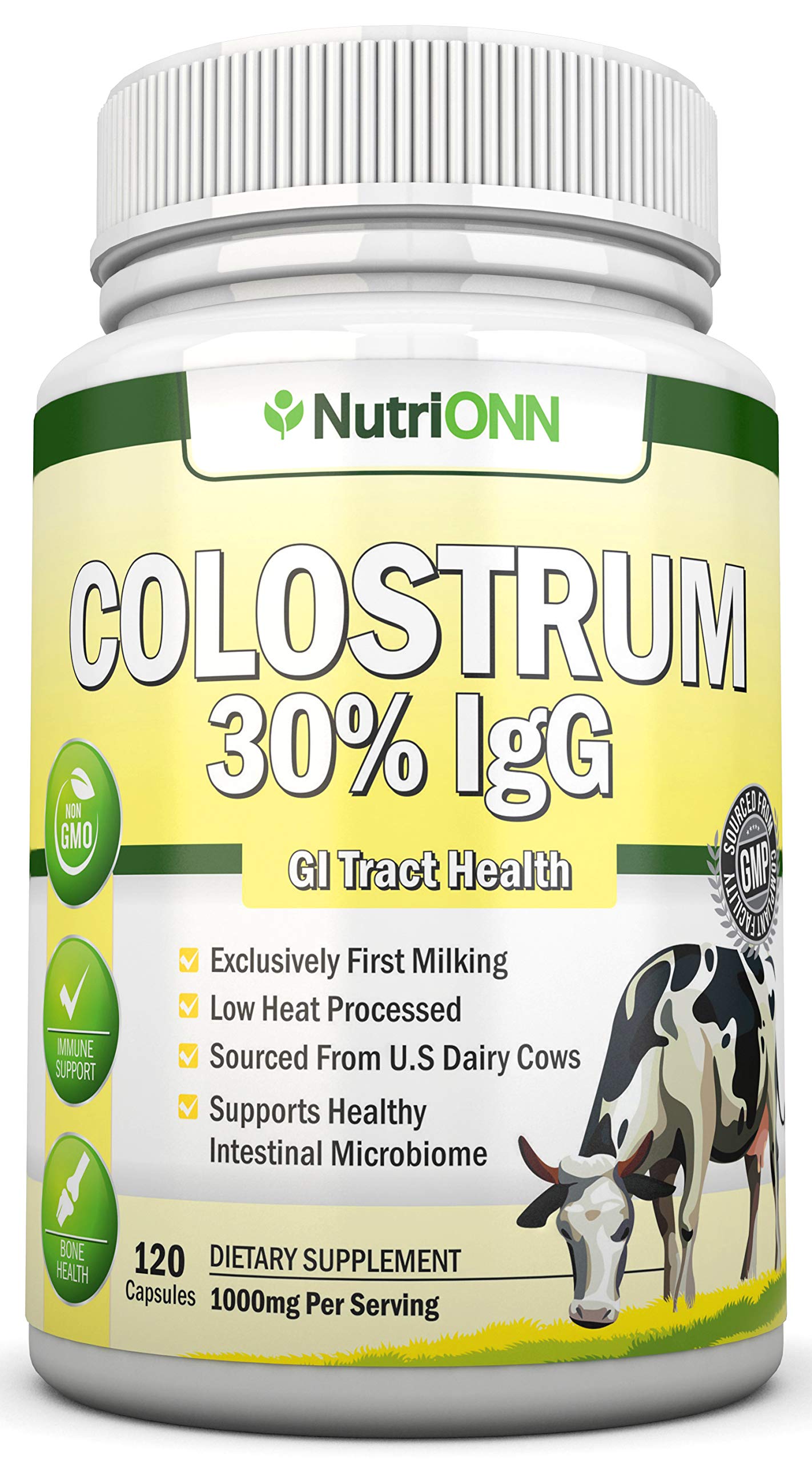 Colostrum - 1000mg - 120 Capsules - 30% IgG - Non-GMO US Dairy - First Milking Bovine Colostrum - Low Heat Processed - Great for GI Tract Health