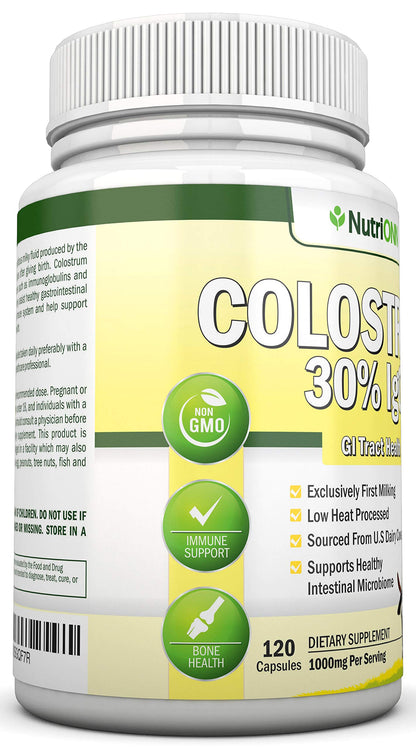 Colostrum - 1000mg - 120 Capsules - 30% IgG - Non-GMO US Dairy - First Milking Bovine Colostrum - Low Heat Processed - Great for GI Tract Health