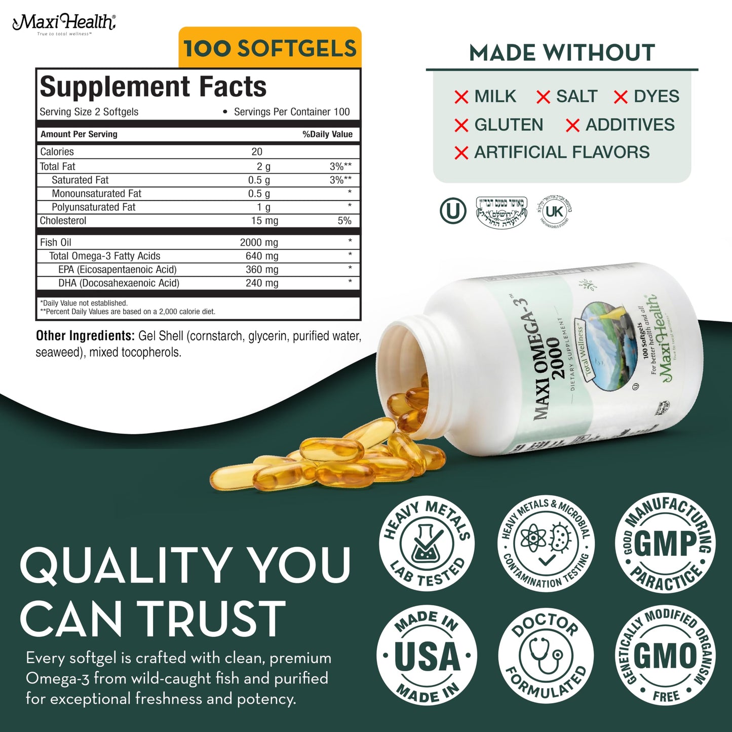 Omega 3 Fish Oil - Triple Strength 2000 mg Kosher Fish Oil Supplements - No Fishy Aftertaste Omega 3 Supplement - Burpless Fish Oil Omega 3 Fatty Acid