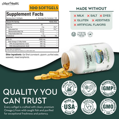 Omega 3 Fish Oil - Triple Strength 2000 mg Kosher Fish Oil Supplements - No Fishy Aftertaste Omega 3 Supplement - Burpless Fish Oil Omega 3 Fatty Acid