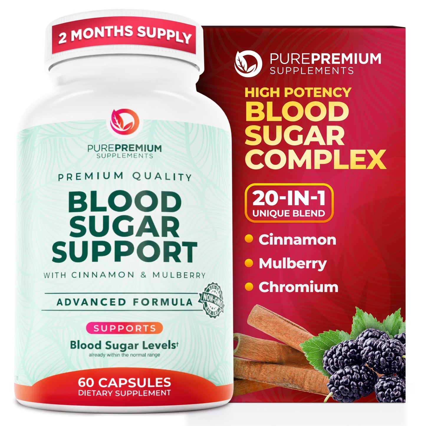 PurePremium Normal Blood Sugar Support Supplement - 20 Active Ingredients Complex to Support Blood Sugar Levels Already in The Normal Range - with Cinnamon