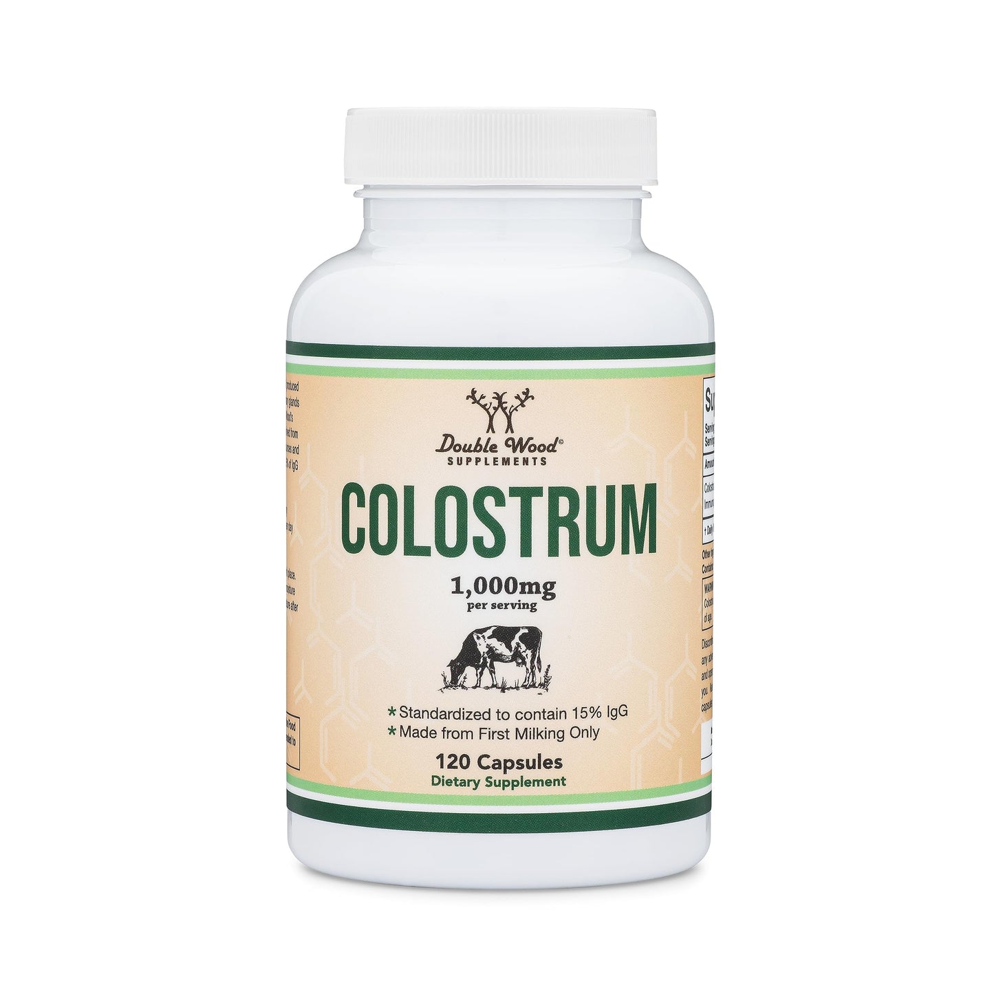 Colostrum Supplement 120 Capsules, 1,000mg per Serving (Bovine Colostrum Powder from First Milking Only, Std. to Contain 15% IgG Immunoglobulins) No Fillers