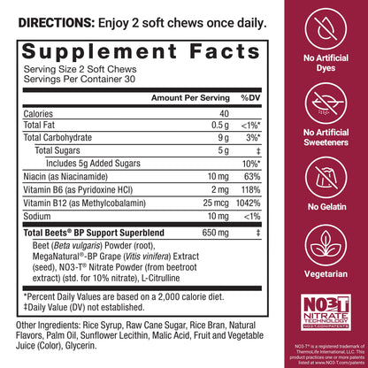 Force Factor Total Beets Blood Pressure Support Chews, Nitric Oxide Supplement with Beet Root Powder & Grape Seed Extract for Heart Health