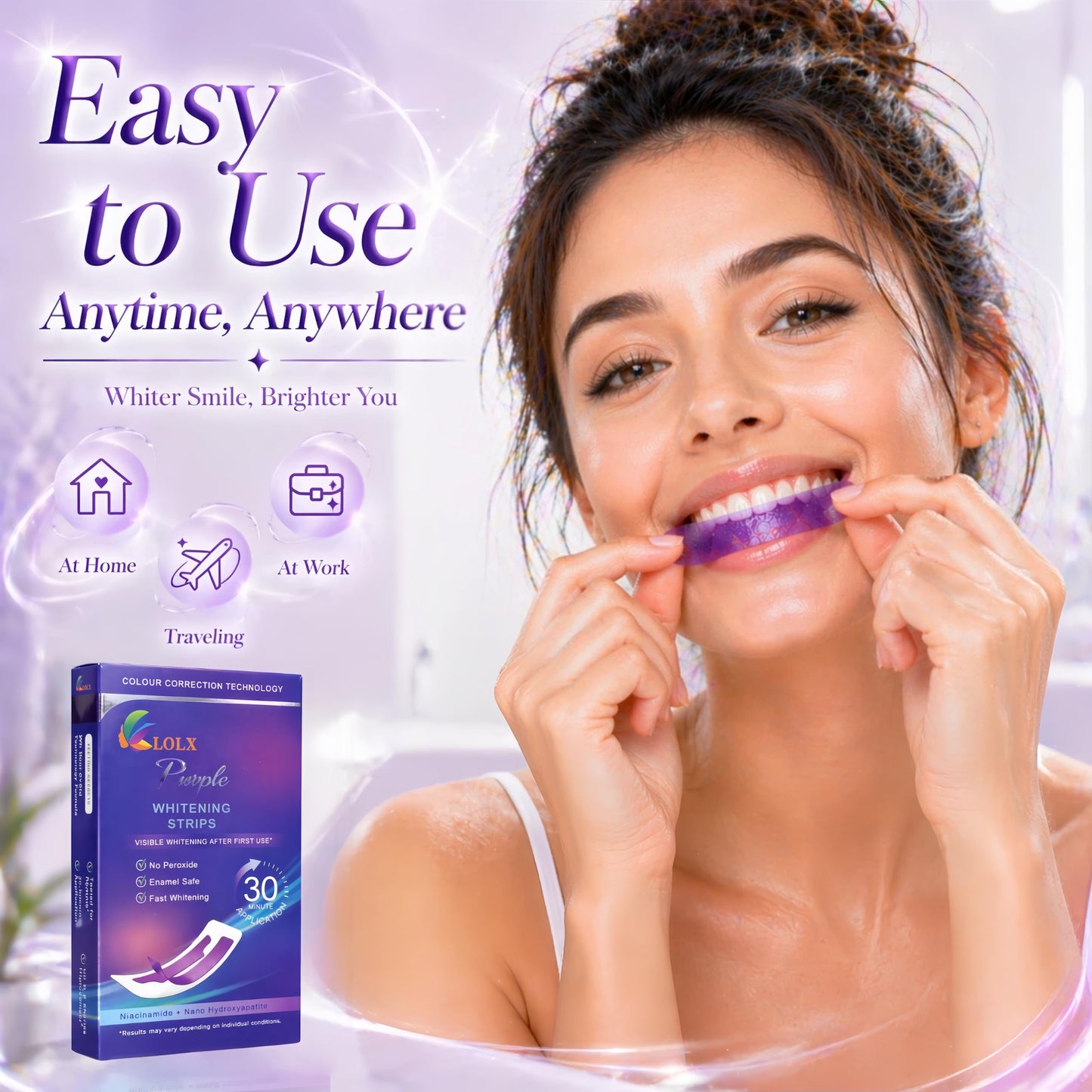 Purple Teeth Whitening Strips, Enamel Safe for Sensitive Teeth, Removes Yellow Stains & Bad Breath, Non-Slip Dry Strip Technology