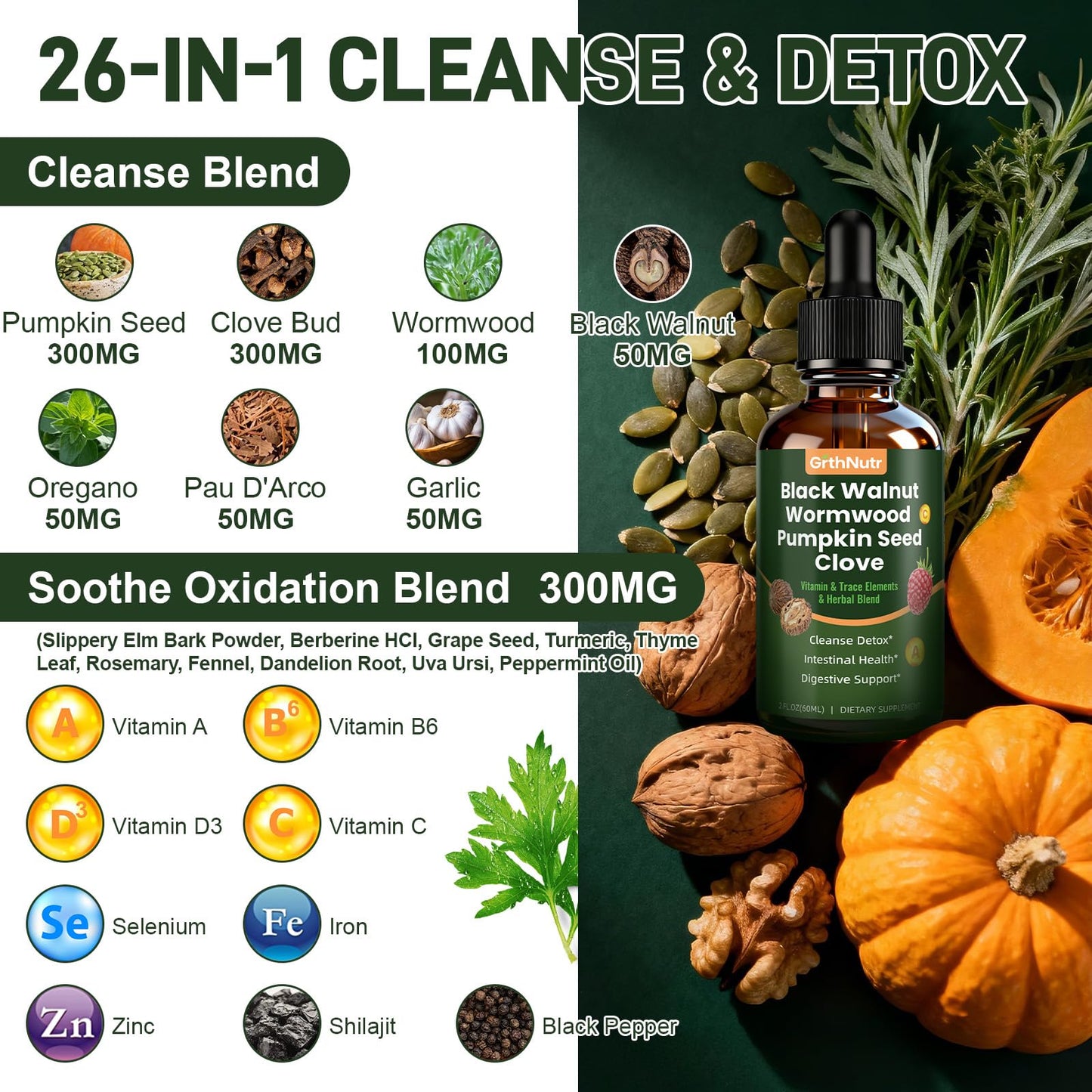 GrthNutr Black Walnut Wormwood Clove Tinture Cleanse for Humans - Gut Detox & Intestinal Health Digestive Support with Pumpkin, Oregano, Garlic Bulb