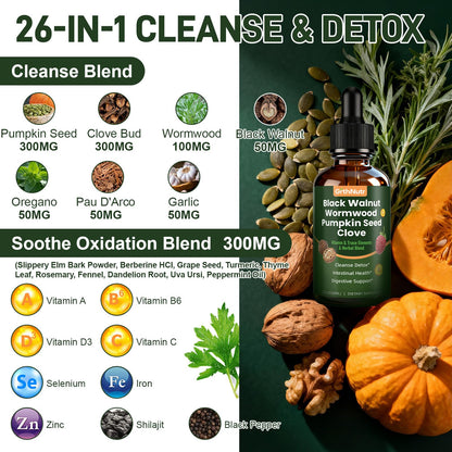GrthNutr Black Walnut Wormwood Clove Tinture Cleanse for Humans - Gut Detox & Intestinal Health Digestive Support with Pumpkin, Oregano, Garlic Bulb
