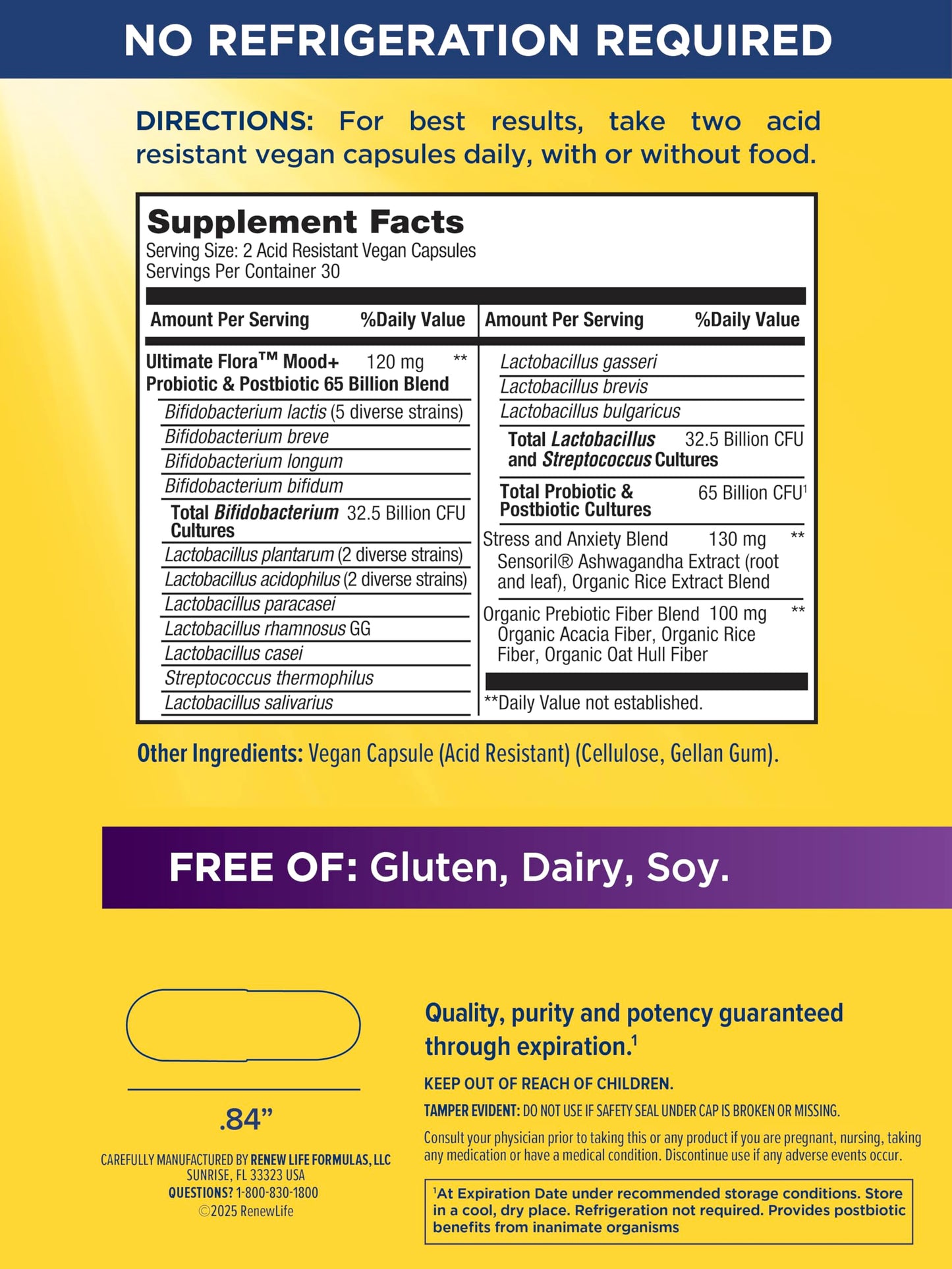 Renew Life Ultimate Flora Probiotics Daily Mood Support 65 Billion CFU Delayed Release Vegan Capsules with Ashwagandha | Digestive Health