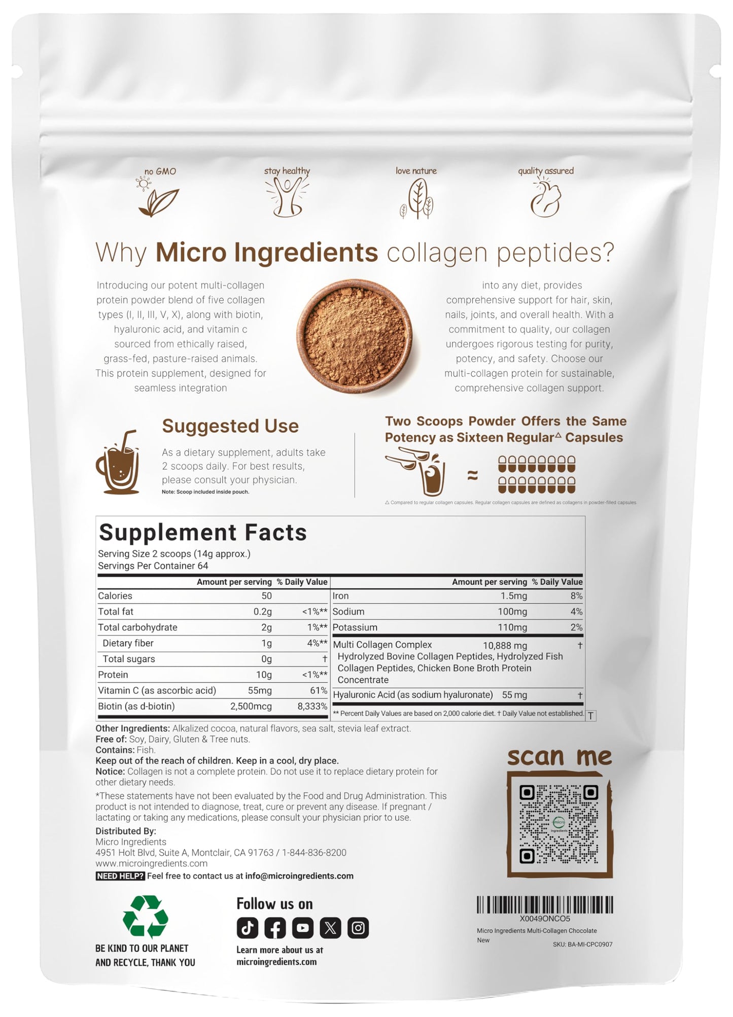 Micro Ingredients Multi Collagen Peptides Powder, 2lb | Type I, II, III, V, X + Biotin, Vitamin C & Hyaluronic Acid | Chocolate Flavor | Supports Hair,