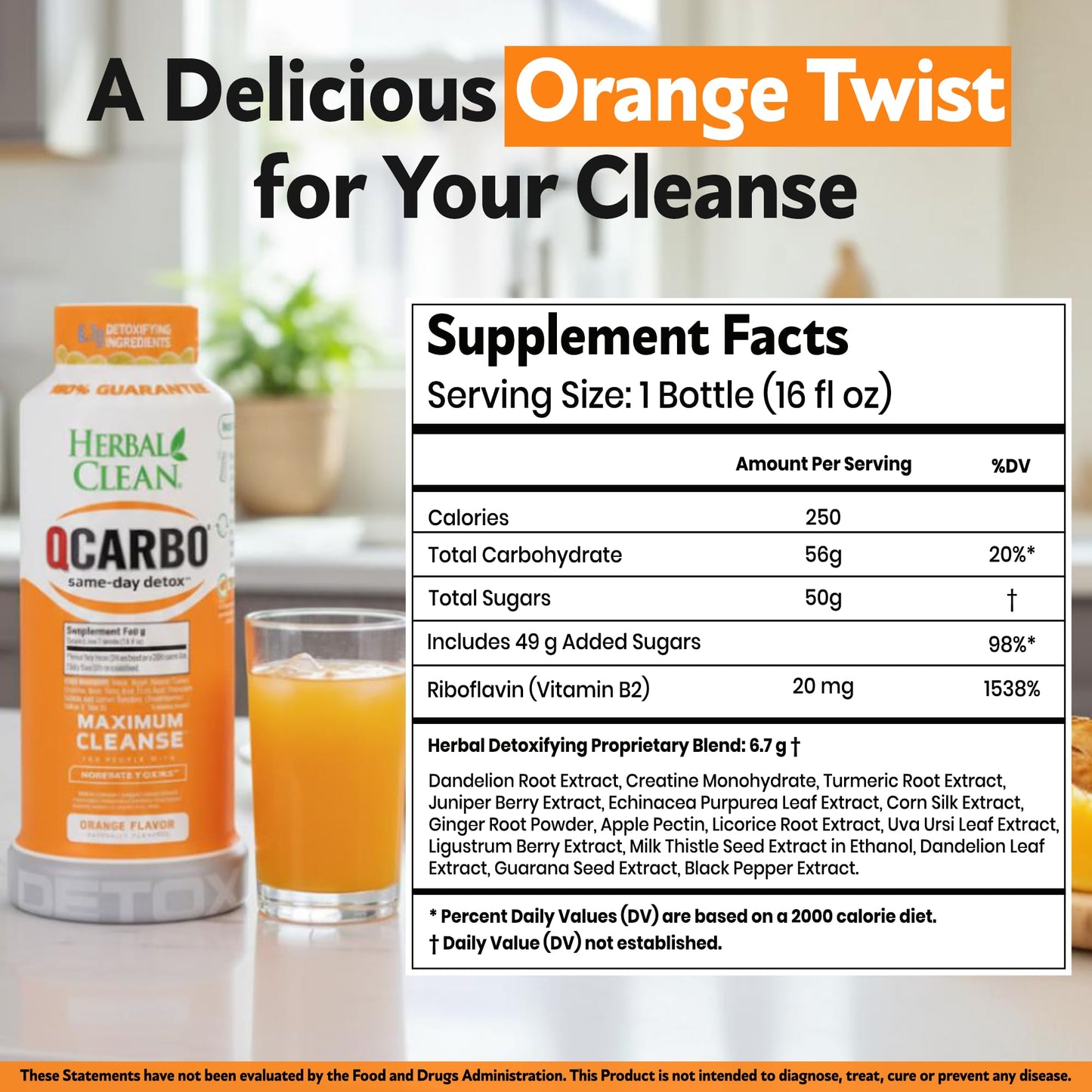 Herbal Clean Qcarbo16 Same-Day Detox Cleanse Drink (16 fl oz) - Orange Flavor Full Body Cleanse* Detox Drink for Moderate Toxin Level